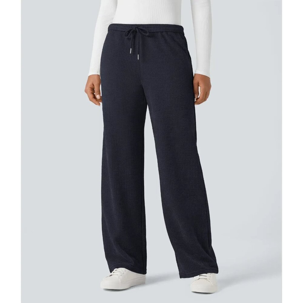 Halara Mid Rise Waffle Casual Straight-Leg Pants With Pockets Dark Blue Size S